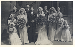 2017-01-13-15-37-26-00 -- Mother and Ronald Jacklin, Wedding, Wadsley Church, Sheffield, 1947
Middle: Ronald Jacklin, Mother
Back row L-R: Raymond Knapton, Kenneth Maddoch (Best Man), Ernest Ashforth, Edwin Bellamy
Bridesmaids left: Mary Rose Jacklin, Hilda Watts, Cynthia Wordsworth
Bridesmaids right: Brenda Ashforth, Brenda Bellamy, Gloria Knapton